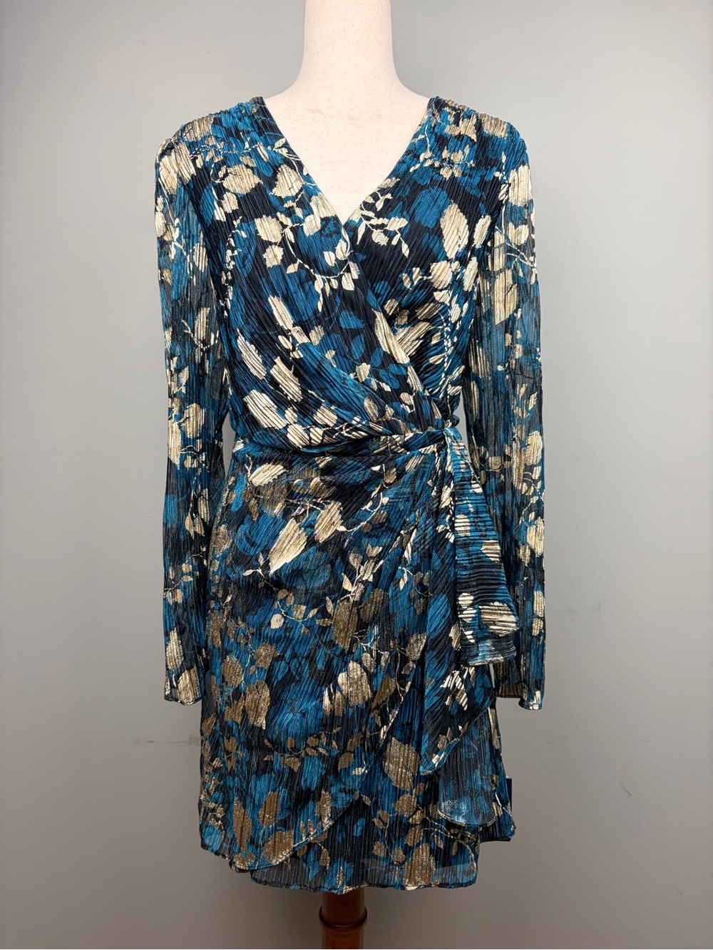 NWT Adrianna Papell Crinkle Foil Wrap Dress Teal Gold‎ Metallic Size 18